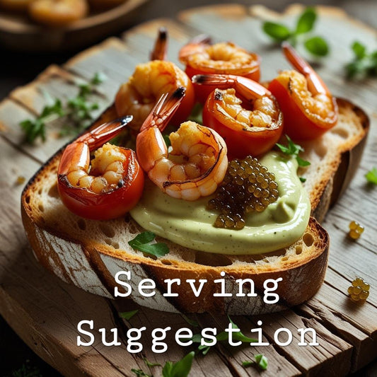 Toast with avocado spread, shrimp in tomatoes with kalahari truffle pearls